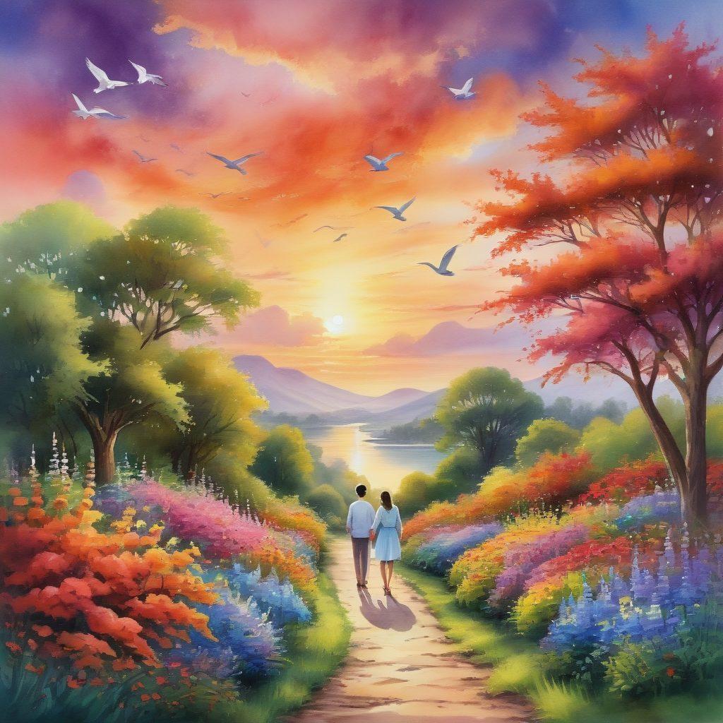 A serene scene depicting a couple walking hand in hand through a lush, sunlit garden filled with blooming flowers symbolizing love and devotion. In the background, a gentle river flows, reflecting a vibrant sunset that casts a warm glow on their faces. The overall atmosphere exudes warmth, connection, and heartfelt emotion. Romantic elements like heart-shaped clouds and doves flying in the distance add to the enchanting ambiance. watercolor painting. vibrant colors. soft focus.