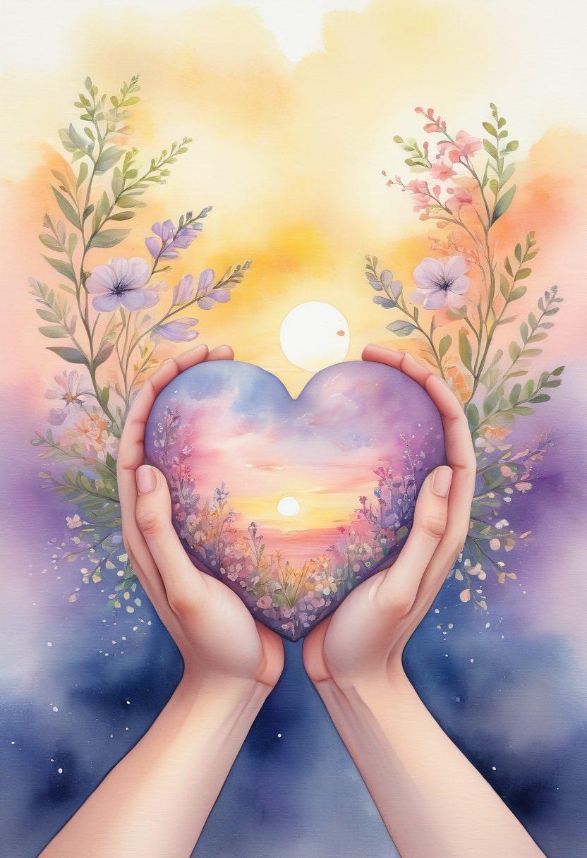 A heart intertwined with soft, blooming flowers, symbolizing tenderness and trust, set against a serene background of a sunrise. Two hands gently cradling the heart, exuding warmth and love. Soft and soothing color palette, emphasizing a sense of peace and connection. The image radiates romance and vulnerability. watercolor painting. pastel colors.