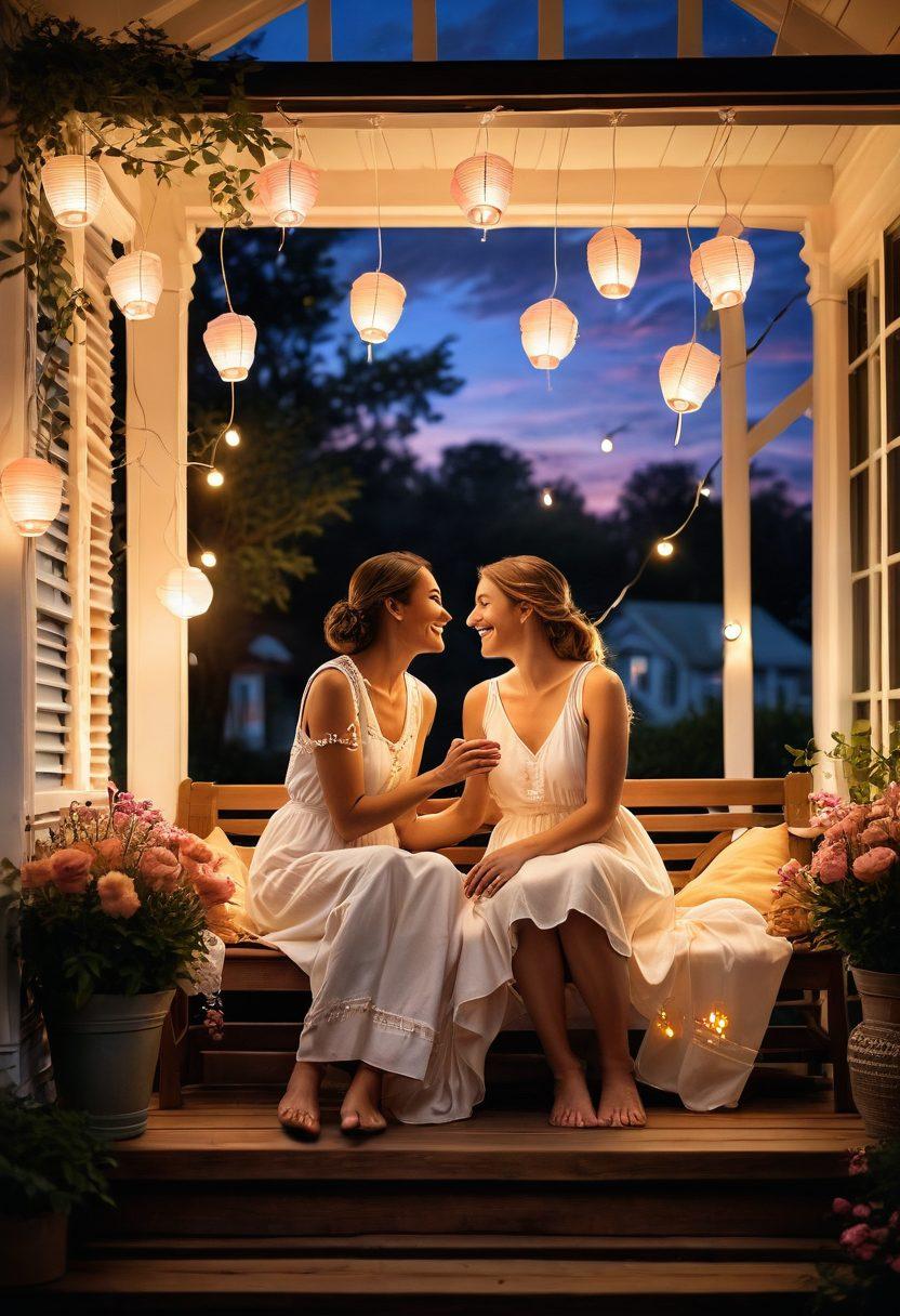 A warm, cozy scene of a couple sitting together on a sunlit porch, sharing a laugh while holding hands. Surround them with blooming flowers and fairy lights to evoke a sense of intimacy and connection. In the background, a beautiful sunset casts a golden glow, symbolizing enduring love. A few paper lanterns float gently in the sky, adding a magical touch. painterly style, soft pastel colors, romantic atmosphere.